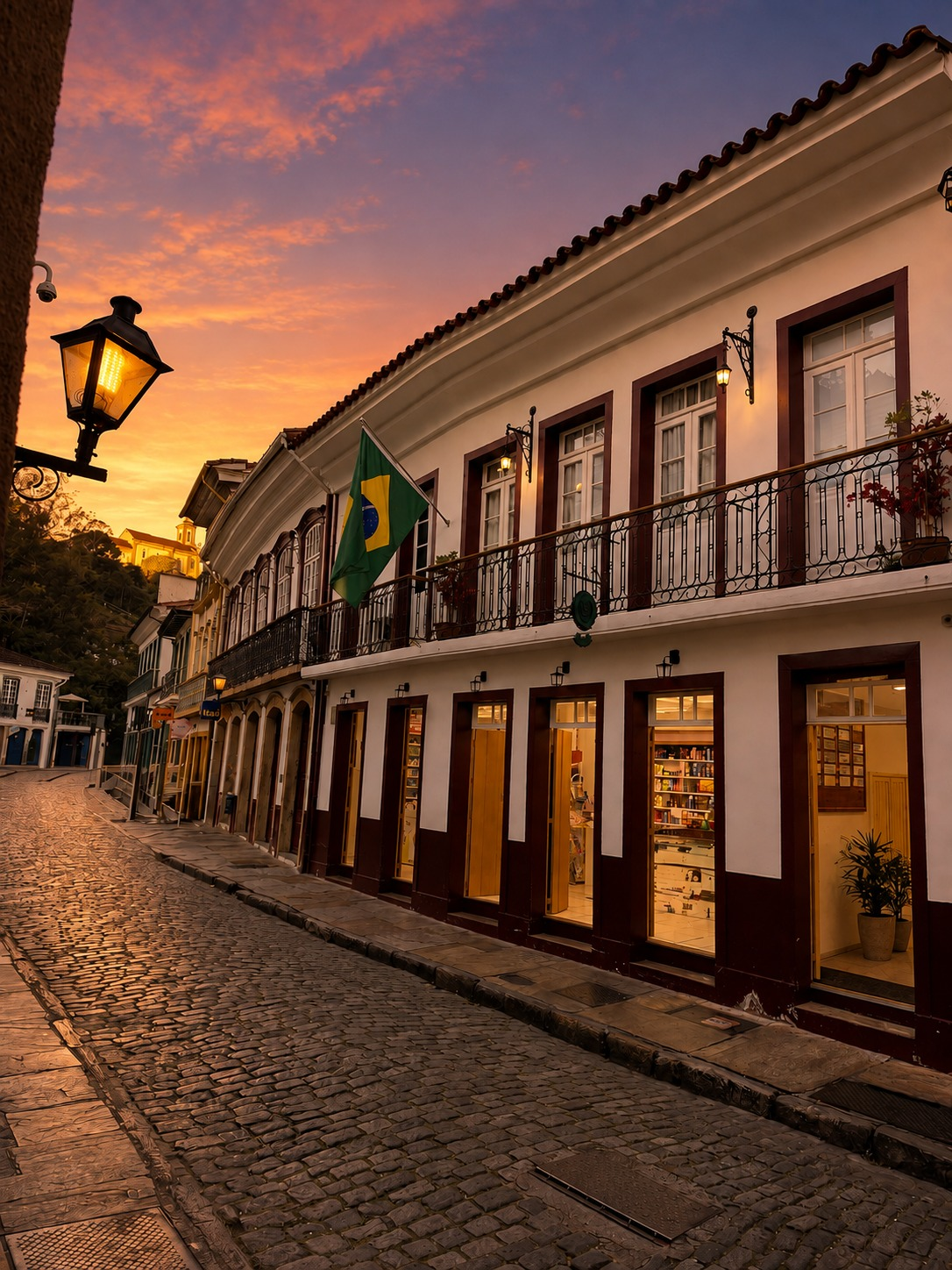 Rua de pedras do Centro Histórico de Ouro Preto ao pôr do sol, com casario colonial e bandeira do Brasil